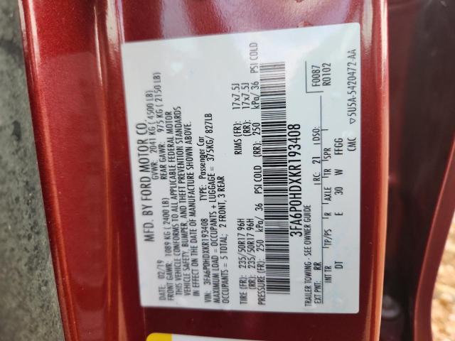 3FA6P0HDXKR193408 - 2019 FORD FUSION SE MAROON photo 13