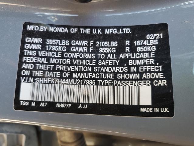 SHHFK7H44MU217996 - 2021 HONDA CIVIC SPORT 灰色 照片 12