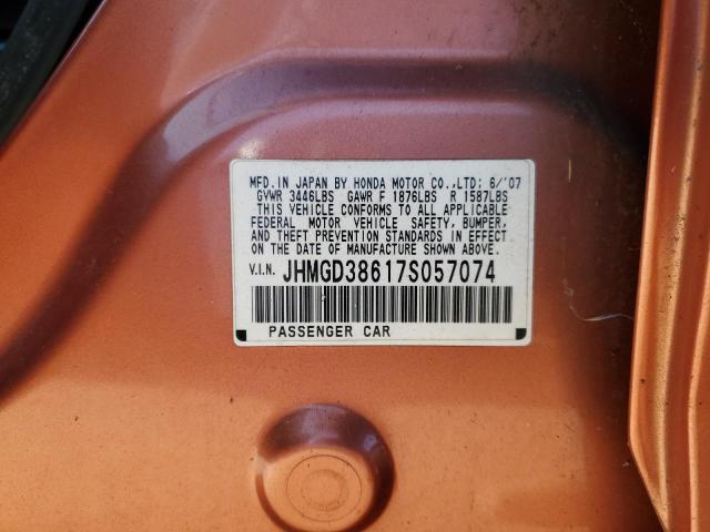 JHMGD38617S057074 - 2007 HONDA FIT S ORANGE photo 12