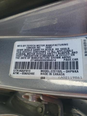 2T1KR32E03C094514 - 2003 TOYOTA COROLLA MA XR GRAY photo 12