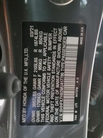 SHHFK7H92MU417786 - 2021 HONDA CIVIC SPORT TOURING GRAY photo 12