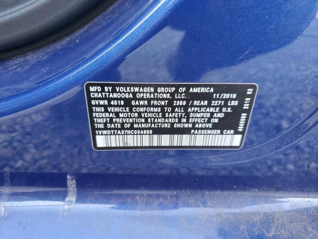 1VWDT7A37HC034955 - 2017 VOLKSWAGEN PASSAT R-LINE Կապույտ լուսանկար 12
