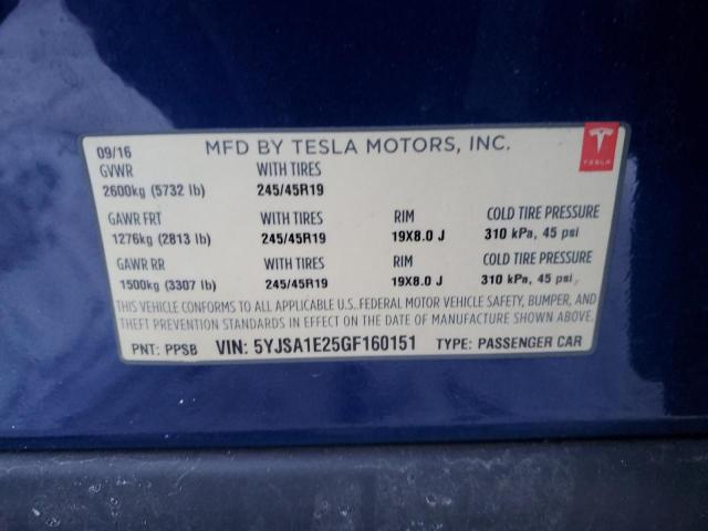 5YJSA1E25GF160151 - 2016 TESLA MODEL S BLUE photo 12
