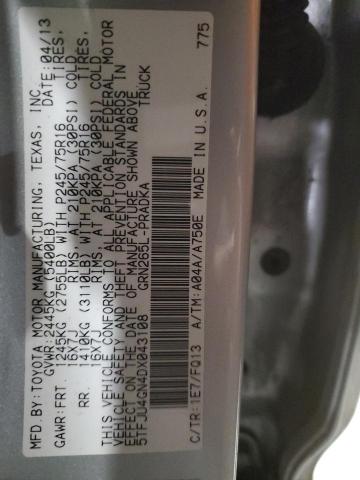 5TFJU4GN4DX043108 - 2013 TOYOTA TACOMA DOUBLE CAB PRERUNNER SILVER photo 13