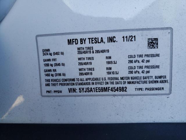 5YJSA1E59MF454982 - 2021 TESLA MODEL S WHITE photo 13