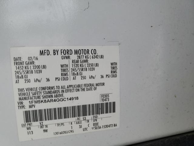 1FM5K8AR4GGC14918 - 2016 FORD EXPLORER POLICE INTERCEPTOR 白色 照片 13