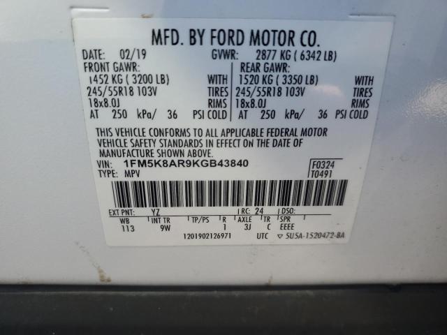 1FM5K8AR9KGB43840 - 2019 FORD EXPLORER POLICE INTERCEPTOR 白色 照片 13