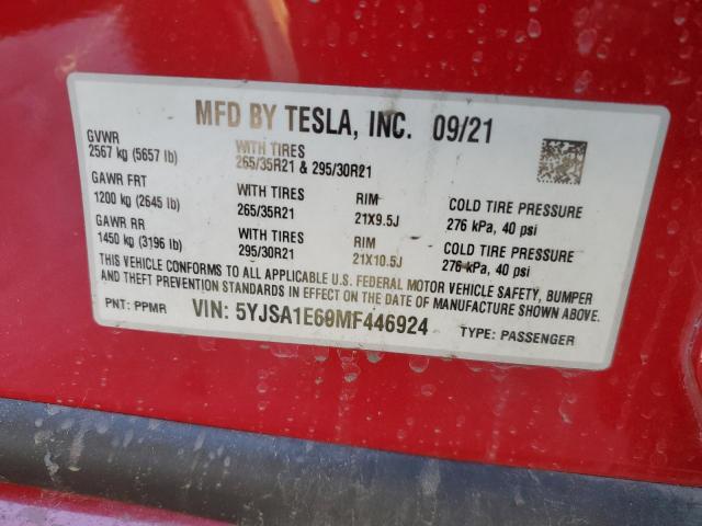 5YJSA1E69MF446924 - 2021 TESLA MODEL S Rojo foto 12