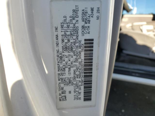 5TBRT34183S335777 - 2003 TOYOTA TUNDRA ACCESS CAB SR5 WHITE photo 12