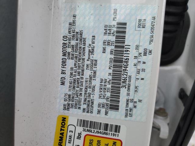 3LN6L2J94GR611911 - 2016 LINCOLN MKZ WHITE photo 12