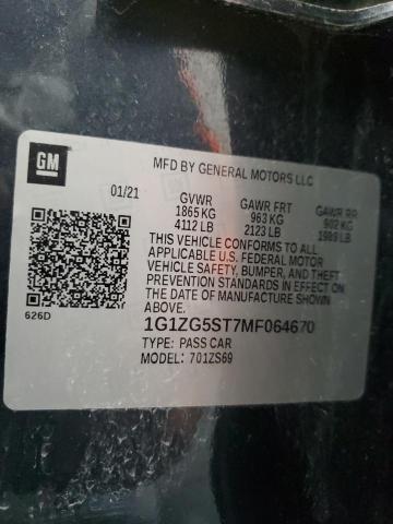 1G1ZG5ST7MF064670 - 2021 CHEVROLET MALIBU RS ტალღისფერი ფოტო 12