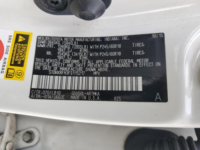 5TDKKRFH3FS115217 - 2015 TOYOTA HIGHLANDER XLE 白色 照片 14