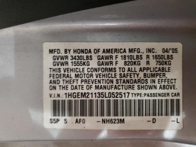 1HGEM21135L052517 - 2005 HONDA CIVIC DX VP Արծաթագույն լուսանկար 12