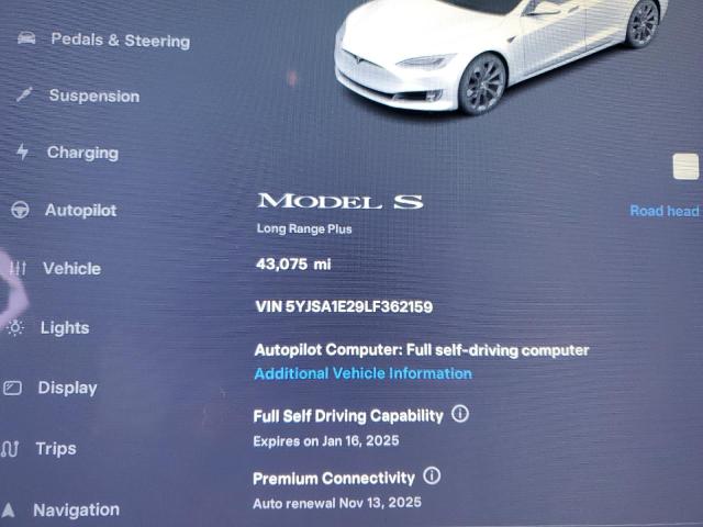 5YJSA1E29LF362159 - 2020 TESLA MODEL S WHITE photo 9