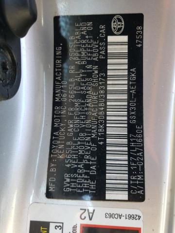 4T1BK3DB4BU383173 - 2011 TOYOTA AVALON BASE 银色 照片 12