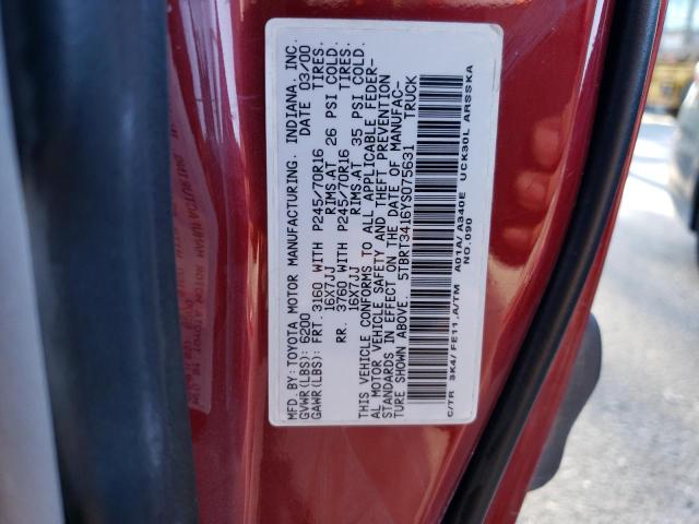 5TBRT3416YS075631 - 2000 TOYOTA TUNDRA ACCESS CAB ბურგუნდია ფოტო 12