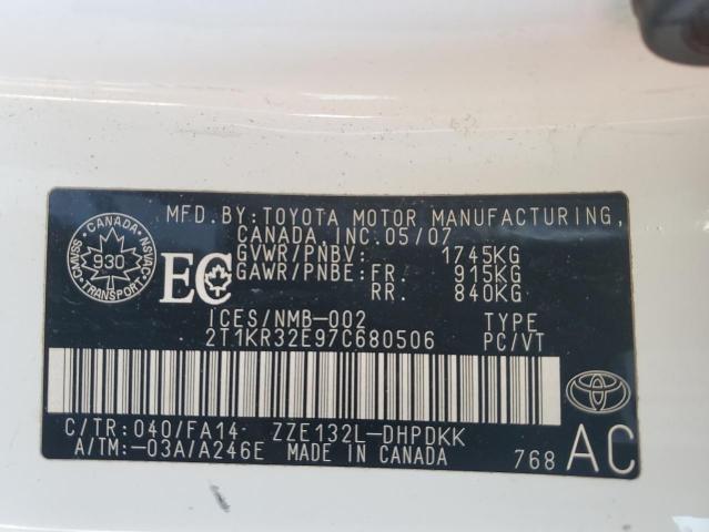 2T1KR32E97C680506 - 2007 TOYOTA COROLLA MA XR WHITE photo 12