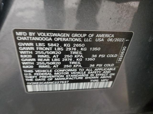 1V2KE2CA5NC227537 - 2022 VOLKSWAGEN ATLAS CROS SE GRAY photo 13