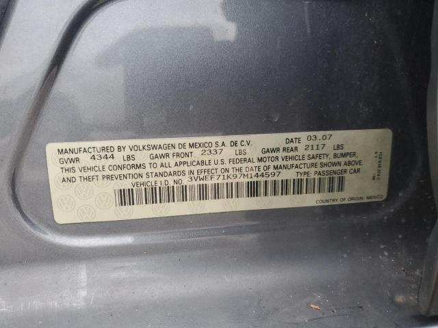 3VWEF71K97M144597 - 2007 VOLKSWAGEN JETTA WOLFSBURG 灰色 照片 12