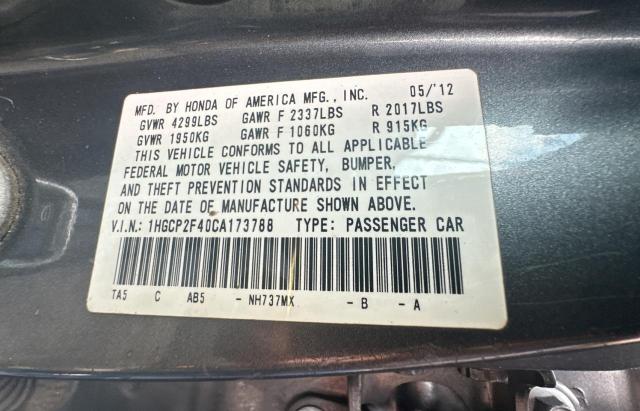 1HGCP2F40CA173788 - 2012 HONDA ACCORD LXP GRAY photo 10