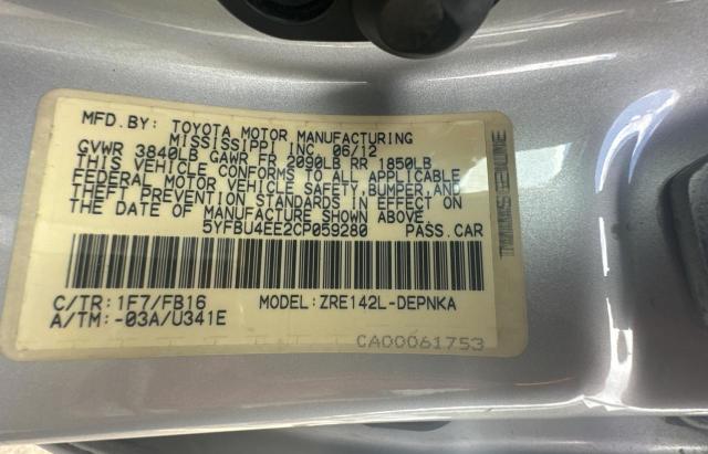 5YFBU4EE2CP059280 - 2012 TOYOTA COROLLA BASE SILVER photo 10