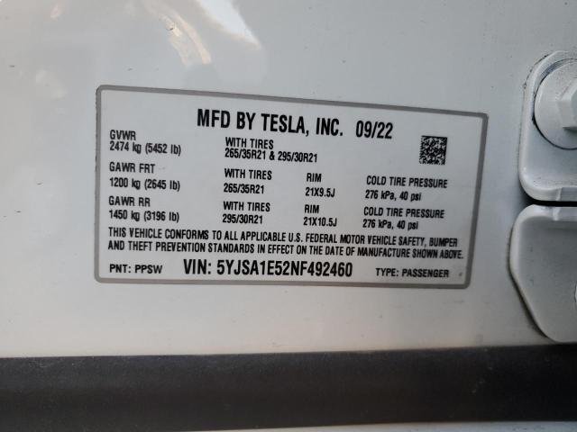 5YJSA1E52NF492460 - 2022 TESLA MODEL S WHITE photo 13