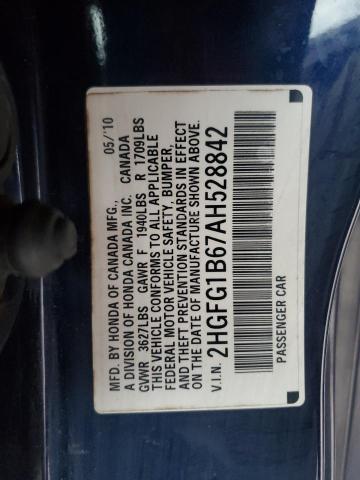 2HGFG1B67AH528842 - 2010 HONDA CIVIC LX Կապույտ լուսանկար 13