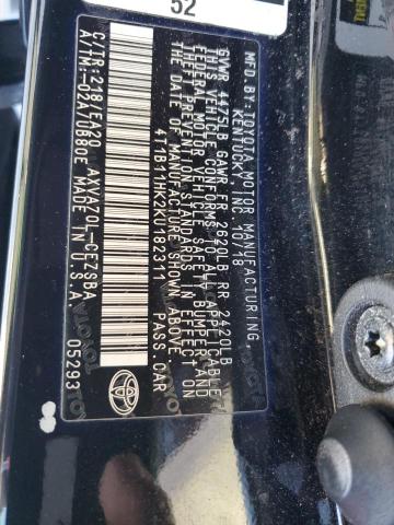 4T1B11HK2KU182311 - 2019 TOYOTA CAMRY L 黑色 照片 12