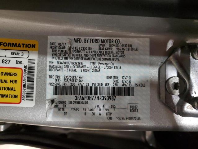 3FA6P0H77HR393987 - 2017 FORD FUSION SE SILVER photo 13