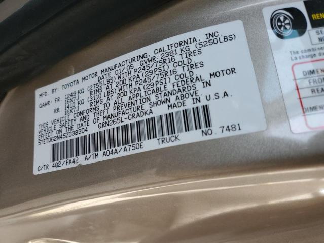 5TETU62N45Z038304 - 2005 TOYOTA TACOMA PRERUNNER ACCESS CAB TAN photo 12