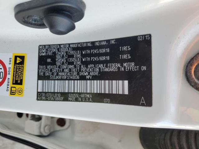 5TDJKRFH9FS140036 - 2015 TOYOTA HIGHLANDER XLE WHITE photo 13