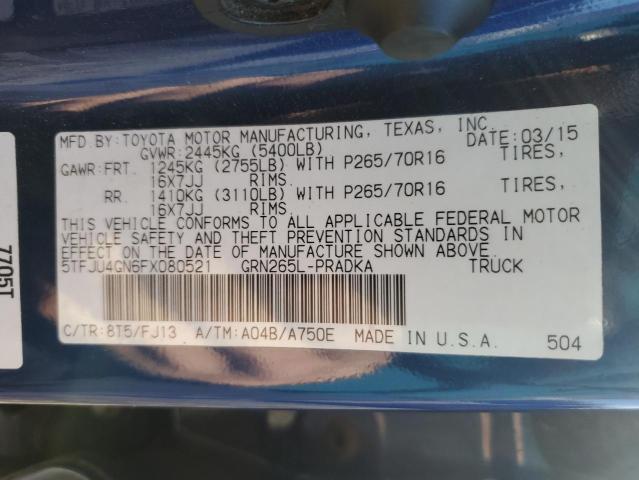 5TFJU4GN6FX080521 - 2015 TOYOTA TACOMA DOUBLE CAB PRERUNNER BLUE photo 12