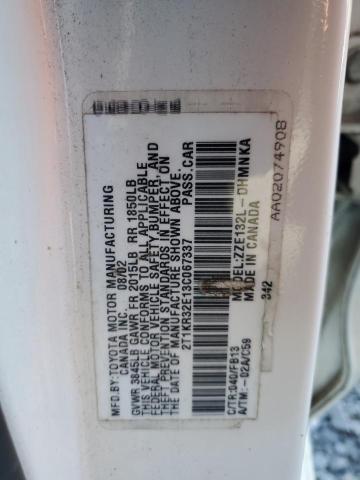 2T1KR32E13C067337 - 2003 TOYOTA COROLLA MA XR WHITE photo 12