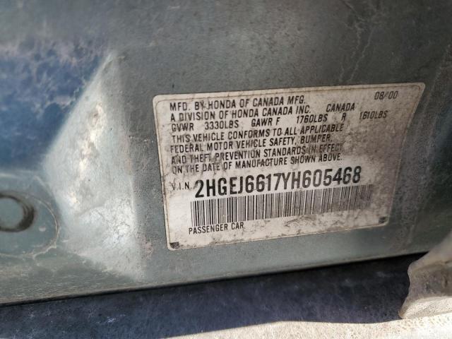 2HGEJ6617YH605468 - 2000 HONDA CIVIC BASE BLUE photo 12