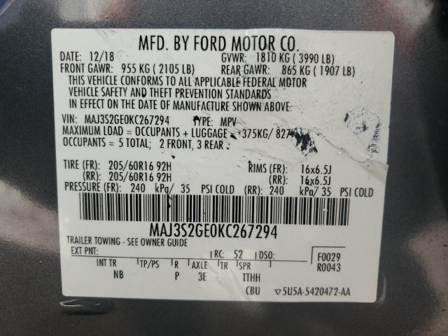MAJ3S2GE0KC267294 - 2019 FORD ECOSPORT SE 灰色 照片 12