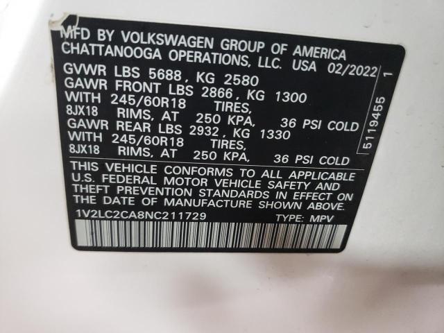 1V2LC2CA8NC211729 - 2022 VOLKSWAGEN ATLAS CROS SE WHITE photo 12