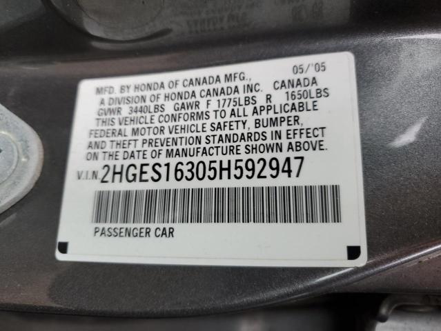 2HGES16305H592947 - 2005 HONDA CIVIC DX VP ნაცრისფერი ფოტო 12