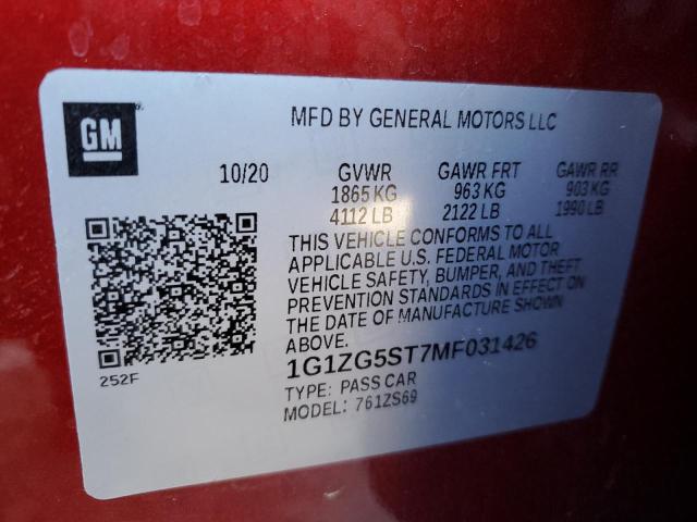 1G1ZG5ST7MF031426 - 2021 CHEVROLET MALIBU RS 红色 照片 12