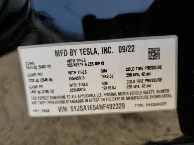 5YJSA1E54NF492329 - 2022 TESLA MODEL S BLACK photo 13