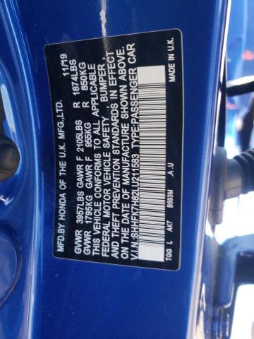 SHHFK7H82LU211583 - 2020 HONDA CIVIC EXL ლურჯი ფოტო 12