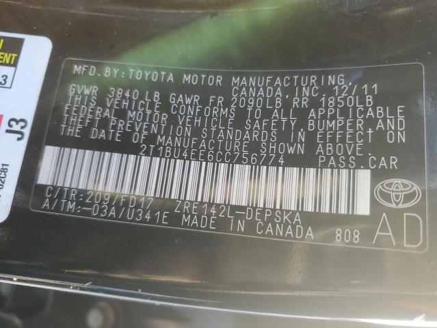 2T1BU4EE6CC756774 - 2012 TOYOTA COROLLA BASE BLACK photo 13