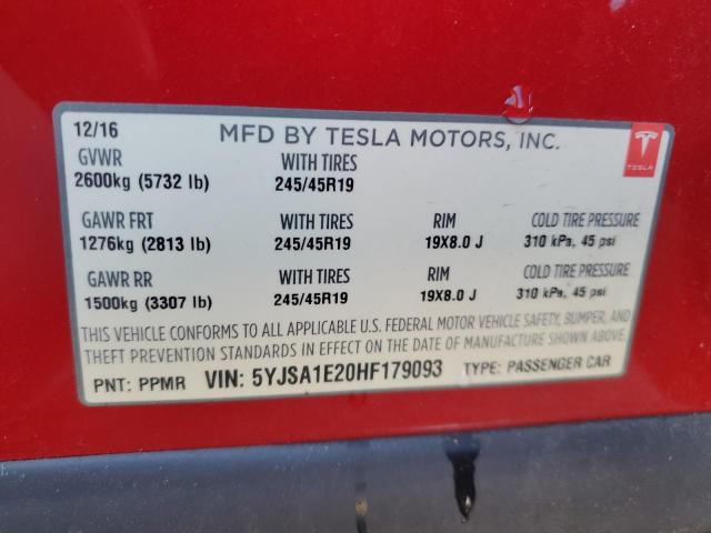 5YJSA1E20HF179093 - 2017 TESLA MODEL S RED photo 12