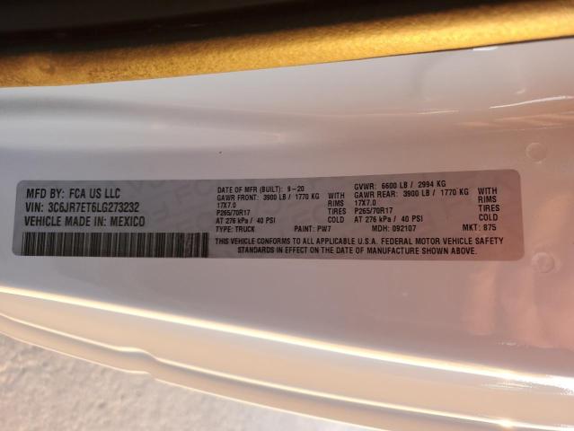 3C6JR7ET6LG273232 - 2020 RAM 1500 CLASS SLT თეთრი ფოტო 12
