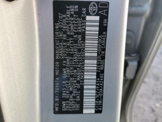 2T1KR32E57C662987 - 2007 TOYOTA COROLLA MA XR SILVER photo 12