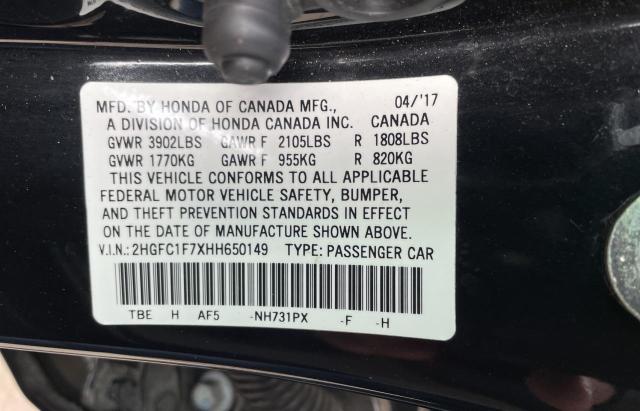 2HGFC1F7XHH650149 - 2017 HONDA CIVIC EXL BLACK photo 10