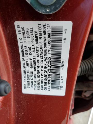 19XFC1F72LE202605 - 2020 HONDA CIVIC EXL წითელი ფოტო 12