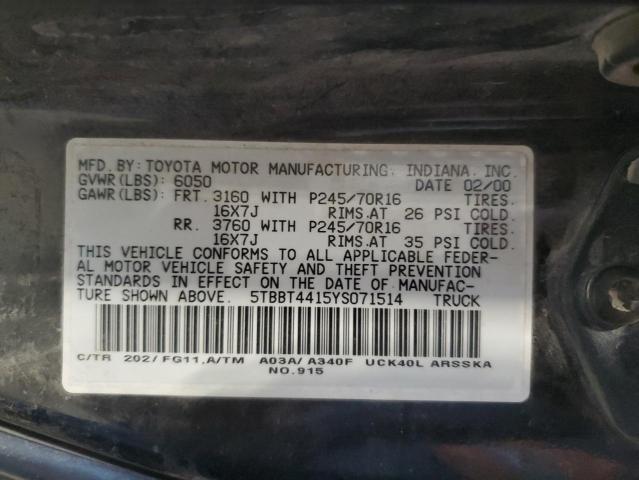 5TBBT4415YS071514 - 2000 TOYOTA TUNDRA ACCESS CAB ლურჯი ფოტო 13