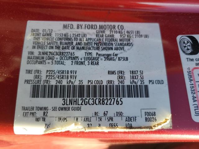 3LNHL2GC3CR822765 - 2012 LINCOLN MKZ RED photo 12