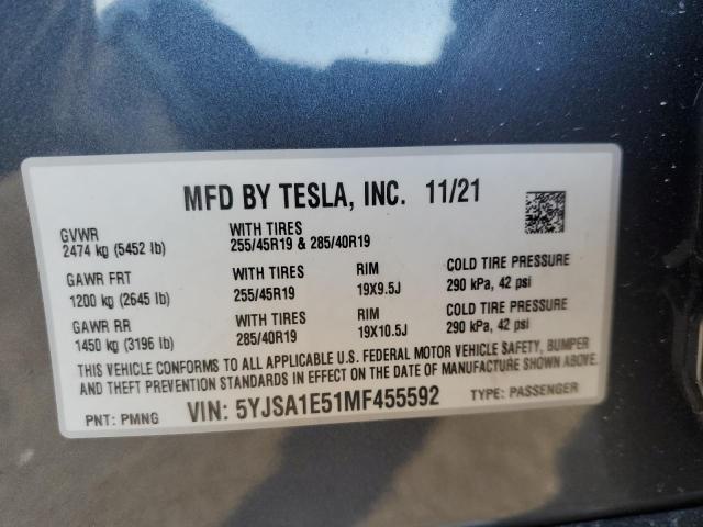 5YJSA1E51MF455592 - 2021 TESLA MODEL S GRAY photo 12
