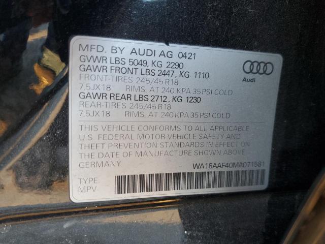 WA18AAF40MA071581 - 2021 AUDI A4 ALLROAD PREMIUM PLUS BLACK photo 12